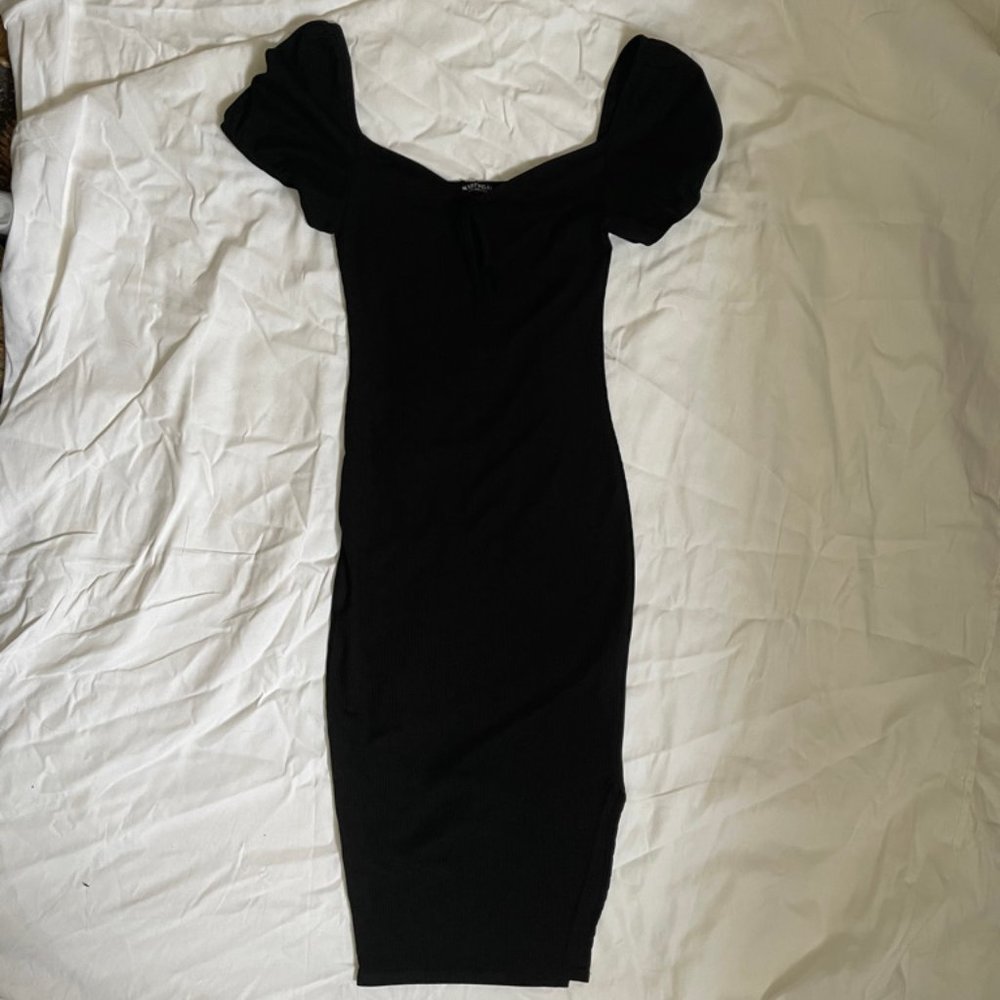 Bodycon Black Midi Dress with Cap Sleeves